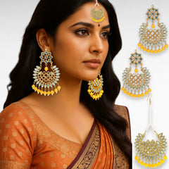 EL ARO Gold Kundan Chandbali Earrings & Maang Tikka Set with Ruby pink Bead Drops
