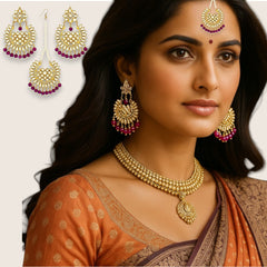 EL ARO Gold Kundan Chandbali Earrings & Maang Tikka Set with Ruby pink Bead Drops