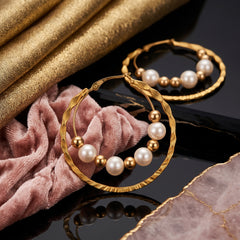 EL ARO Double Hoop Gunmetal Earrings with Pearl & Hematite Beads