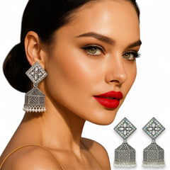 EL ARO Oxidised Silver Diamond-Top Jhumka Earrings with Multicolour Enamel & Bead Drops