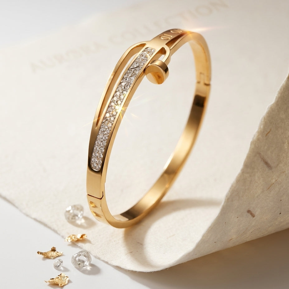 EL ARO Gold-Tone CZ Pavé Screw Bangle Bracelet