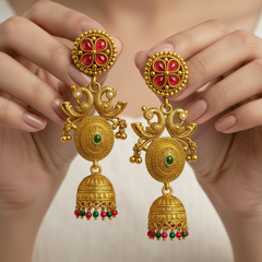 EL ARO Gold-Plated Jhumka Earrings with Ruby & Emerald Accents