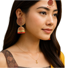 EL ARO Vintage Antique Gold Starburst Jhumka Earrings with Black Beads