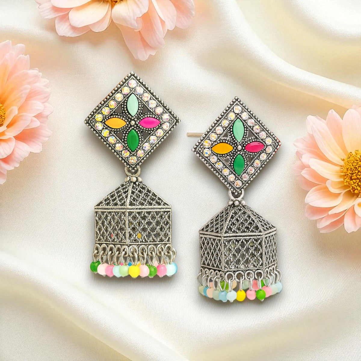EL ARO Oxidised Silver Diamond-Top Jhumka Earrings with Multicolour Enamel & Bead Drops