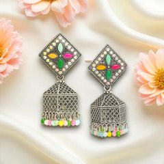 EL ARO Oxidised Silver Diamond-Top Jhumka Earrings with Multicolour Enamel & Bead Drops