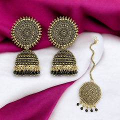 EL ARO Vintage Antique Gold Starburst Jhumka Earrings with Black Beads