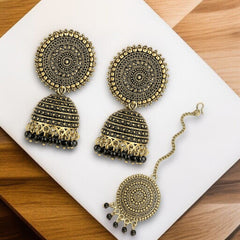 EL ARO Vintage Antique Gold Starburst Jhumka Earrings with Black Beads