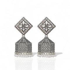 EL ARO Oxidised Silver Diamond-Top Jhumka Earrings with Multicolour Enamel & Bead Drops