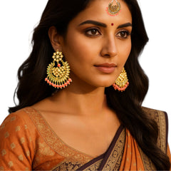 EL ARO Gold Kundan Chandbali Earrings & Maang Tikka Set with Ruby pink Bead Drops