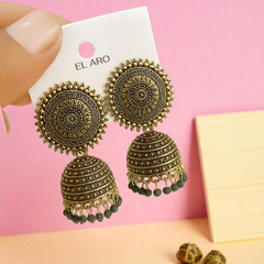 EL ARO Vintage Antique Gold Starburst Jhumka Earrings with Black Beads