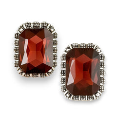 EL ARO Vintage Silver Emerald-Cut Green Crystal Stud Earrings with Marcasite Border