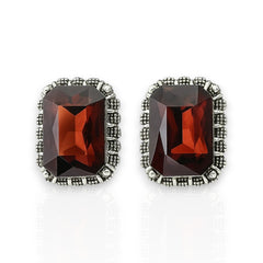 EL ARO Vintage Silver Emerald-Cut Green Crystal Stud Earrings with Marcasite Border