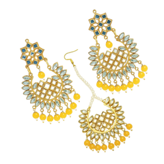 EL ARO Gold Kundan Chandbali Earrings & Maang Tikka Set with Ruby pink Bead Drops