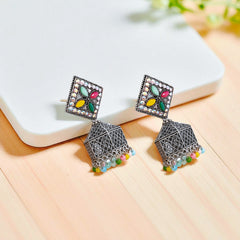 EL ARO Oxidised Silver Diamond-Top Jhumka Earrings with Multicolour Enamel & Bead Drops