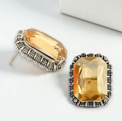 EL ARO Vintage Silver Emerald-Cut Green Crystal Stud Earrings with Marcasite Border