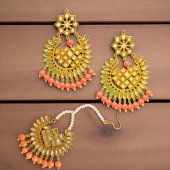 EL ARO Gold Kundan Chandbali Earrings & Maang Tikka Set with Ruby pink Bead Drops