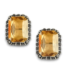 EL ARO Vintage Silver Emerald-Cut Green Crystal Stud Earrings with Marcasite Border