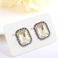 EL ARO Vintage Silver Emerald-Cut Green Crystal Stud Earrings with Marcasite Border
