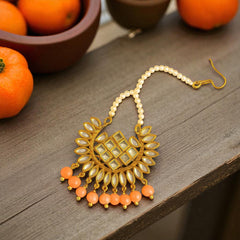 EL ARO Gold Kundan Chandbali Earrings & Maang Tikka Set with Ruby pink Bead Drops