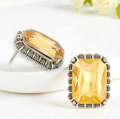 EL ARO Vintage Silver Emerald-Cut Green Crystal Stud Earrings with Marcasite Border