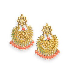 EL ARO Gold Kundan Chandbali Earrings & Maang Tikka Set with Ruby pink Bead Drops