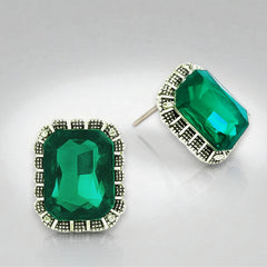 EL ARO Vintage Silver Emerald-Cut Green Crystal Stud Earrings with Marcasite Border