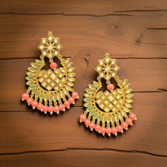 EL ARO Gold Kundan Chandbali Earrings & Maang Tikka Set with Ruby pink Bead Drops
