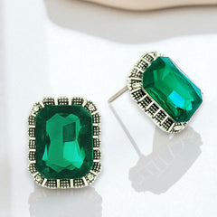 EL ARO Vintage Silver Emerald-Cut Green Crystal Stud Earrings with Marcasite Border