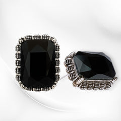 EL ARO Vintage Silver Emerald-Cut Green Crystal Stud Earrings with Marcasite Border