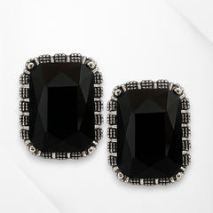 EL ARO Vintage Silver Emerald-Cut Green Crystal Stud Earrings with Marcasite Border