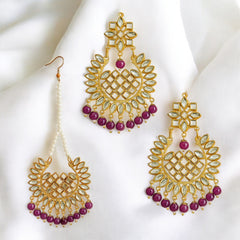 EL ARO Gold Kundan Chandbali Earrings & Maang Tikka Set with Ruby pink Bead Drops