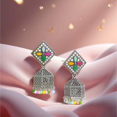 EL ARO Oxidised Silver Diamond-Top Jhumka Earrings with Multicolour Enamel & Bead Drops