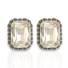 EL ARO Vintage Silver Emerald-Cut Green Crystal Stud Earrings with Marcasite Border