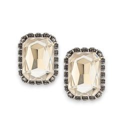 EL ARO Vintage Silver Emerald-Cut Green Crystal Stud Earrings with Marcasite Border
