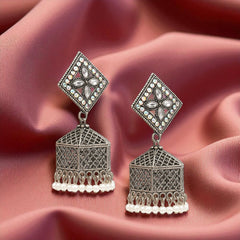 EL ARO Oxidised Silver Diamond-Top Jhumka Earrings with Multicolour Enamel & Bead Drops
