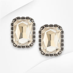 EL ARO Vintage Silver Emerald-Cut Green Crystal Stud Earrings with Marcasite Border