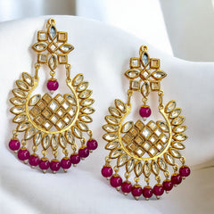 EL ARO Gold Kundan Chandbali Earrings & Maang Tikka Set with Ruby pink Bead Drops