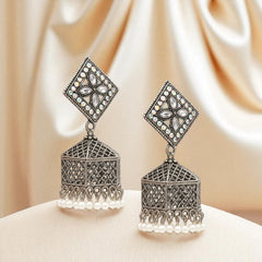 EL ARO Oxidised Silver Diamond-Top Jhumka Earrings with Multicolour Enamel & Bead Drops