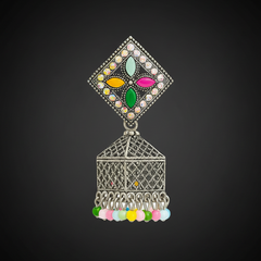 EL ARO Oxidised Silver Diamond-Top Jhumka Earrings with Multicolour Enamel & Bead Drops