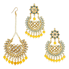 EL ARO Gold Kundan Chandbali Earrings & Maang Tikka Set with Ruby pink Bead Drops