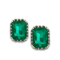 EL ARO Vintage Silver Emerald-Cut Green Crystal Stud Earrings with Marcasite Border
