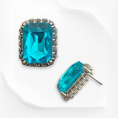 EL ARO Vintage Silver Emerald-Cut Green Crystal Stud Earrings with Marcasite Border