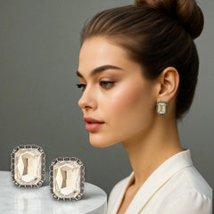 EL ARO Vintage Silver Emerald-Cut Green Crystal Stud Earrings with Marcasite Border