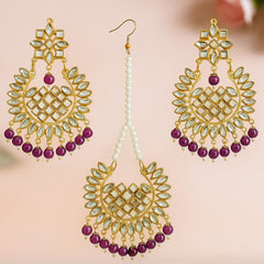 EL ARO Gold Kundan Chandbali Earrings & Maang Tikka Set with Ruby pink Bead Drops