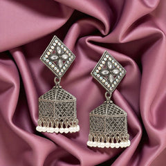 EL ARO Oxidised Silver Diamond-Top Jhumka Earrings with Multicolour Enamel & Bead Drops