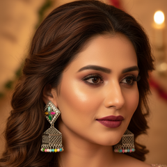 EL ARO Oxidised Silver Diamond-Top Jhumka Earrings with Multicolour Enamel & Bead Drops
