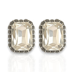 EL ARO Vintage Silver Emerald-Cut Green Crystal Stud Earrings with Marcasite Border