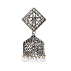 EL ARO Oxidised Silver Diamond-Top Jhumka Earrings with Multicolour Enamel & Bead Drops