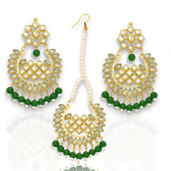 EL ARO Gold Kundan Chandbali Earrings & Maang Tikka Set with Ruby pink Bead Drops