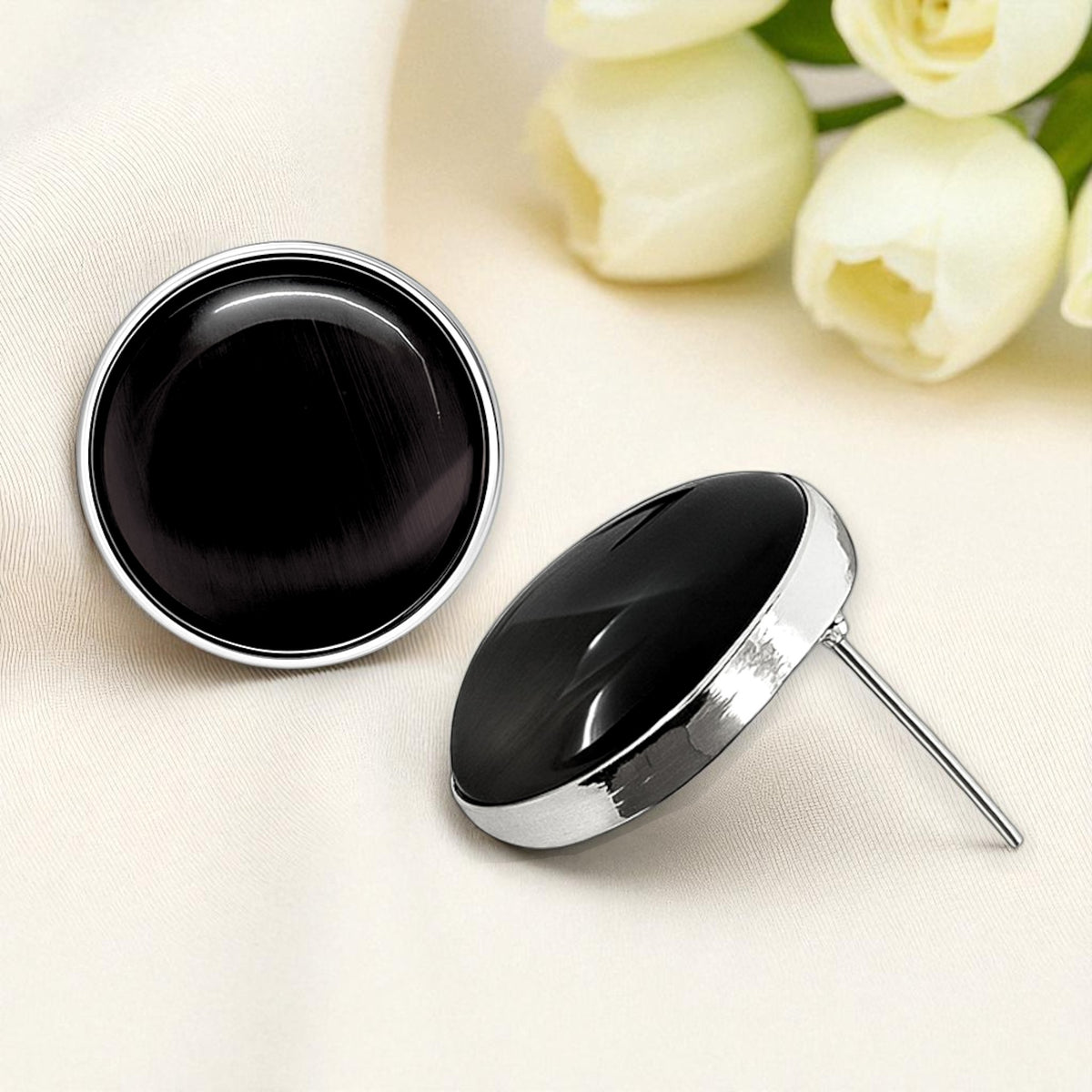 EL ARO Black Onyx Round Button Stud Earrings — Silver Bezel Setting